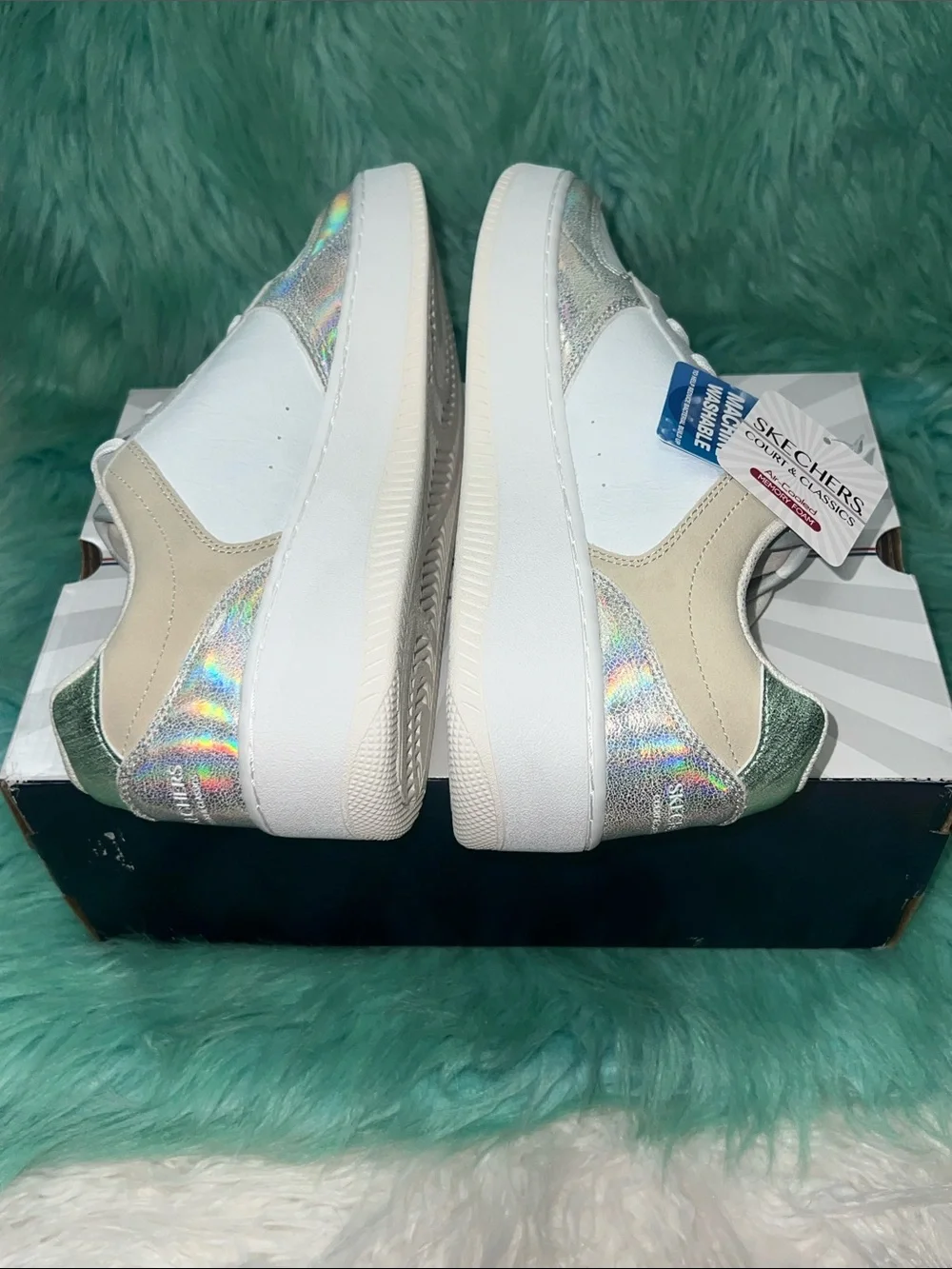 NIB Skechers White Sneakers with Iridescent Holographic Accent W/11
